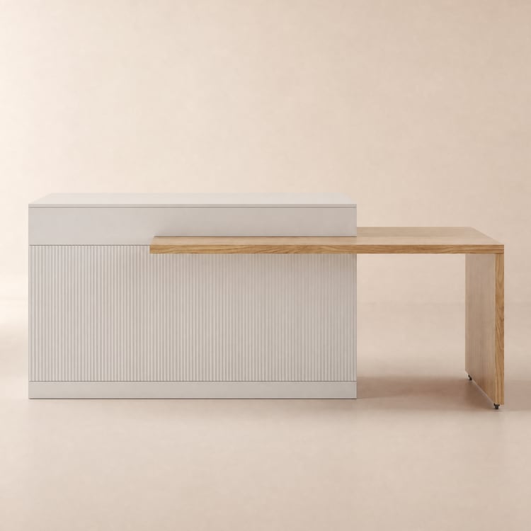 Îlot central de cuisine extensible 205-268 cm finition blanche avec plateau effet marbre et rangement