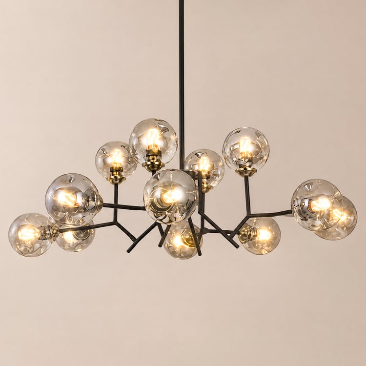 Lustre noir à 12 lumières avec abat-jour en verre globe, suspension moderne pour salon