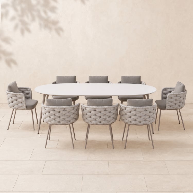 Oval Sintered Stone Garden Dining Table Set 2130 mm x 1020 mm and 8 Woven Rope Garden Chairs