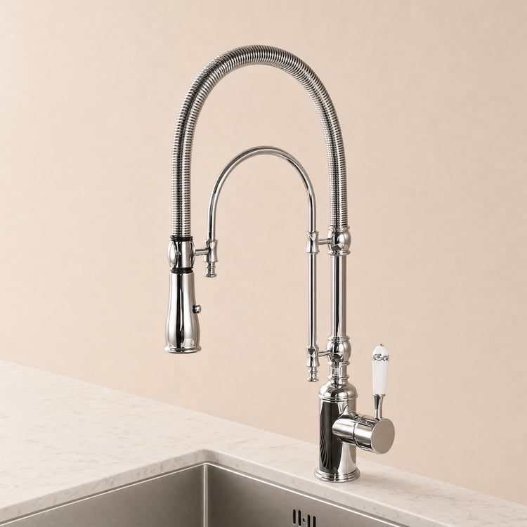 Grifo de cocina desplegable de doble modo y arco alto de latón macizo con mango de porcelana