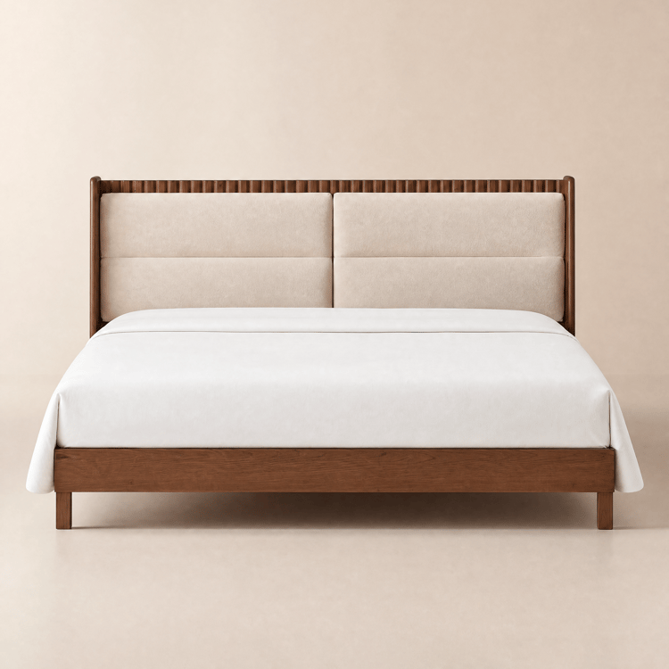Modern Queen Walnut Platform Bed with Boucle Headboard Pillows