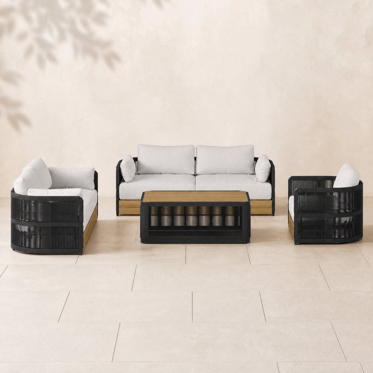 Ensemble de canapé de jardin en corde tressée 4 pièces avec fauteuils pivotants et table basse noirs pour 6 personnes