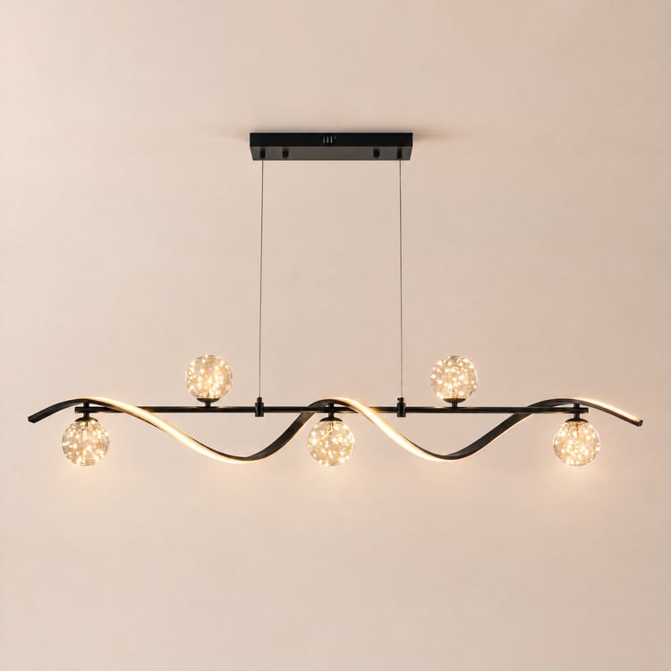 LED Linear Kitchen Island Light – 6-Light Dimmable Black Fixture with Glass Globe Shades