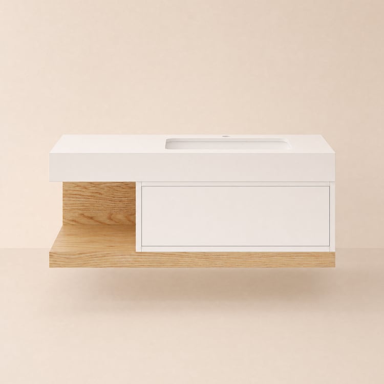 Set di vanità da bagno galleggiante moderno da 1000 mm con montaggio a parete a vasca singola bianco e naturale