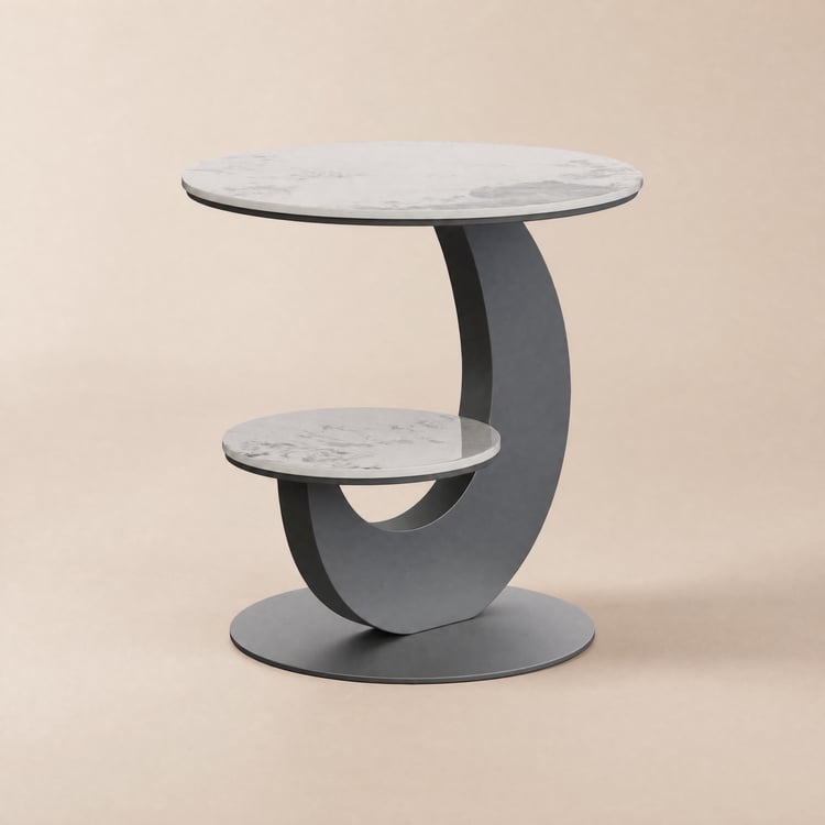 Mesa lateral redonda com tampo de pedra sinterizada com 2 níveis, 51 cm