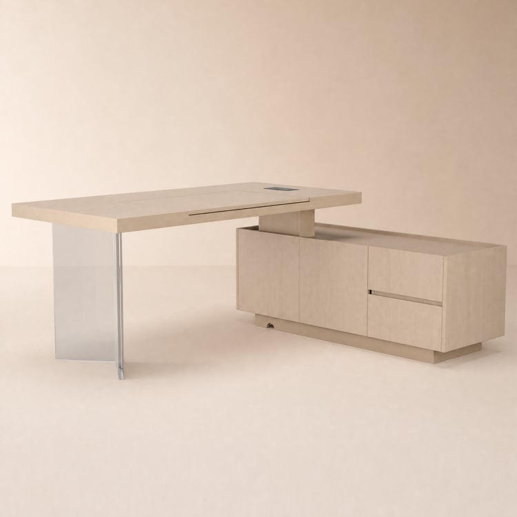 Bureau de direction en L assis-debout 182 cm finition blanchie avec plateau relevable, retour droit