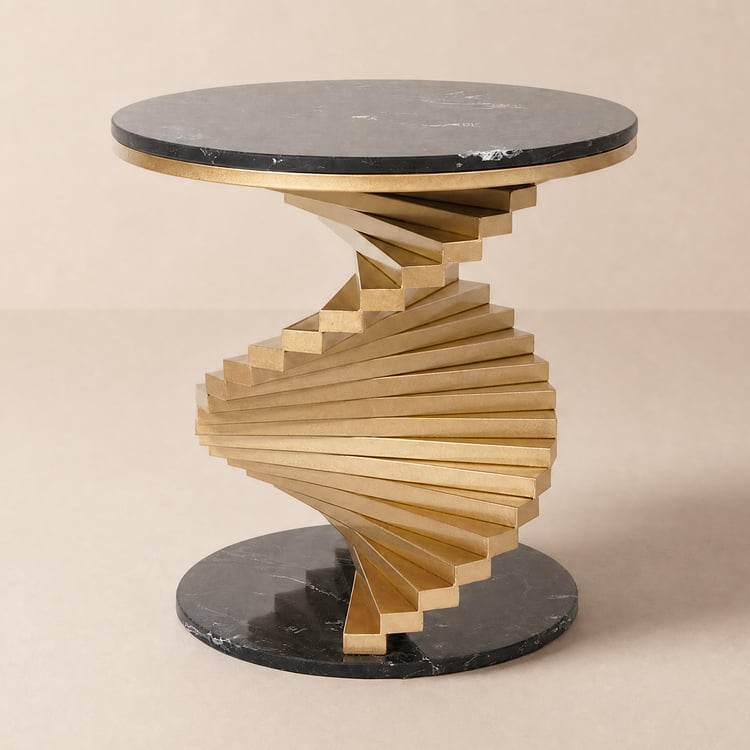 Mesa auxiliar redonda de mármol con marco de metal, mesa auxiliar moderna en negro y dorado