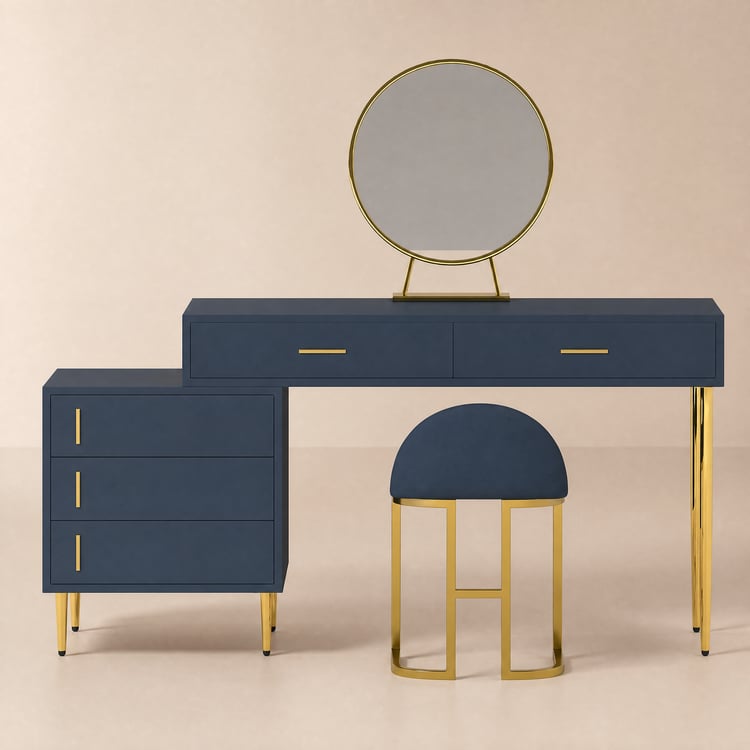 Juego de Tocador de Maquillaje Azul Moderno con Taburete y Espejo