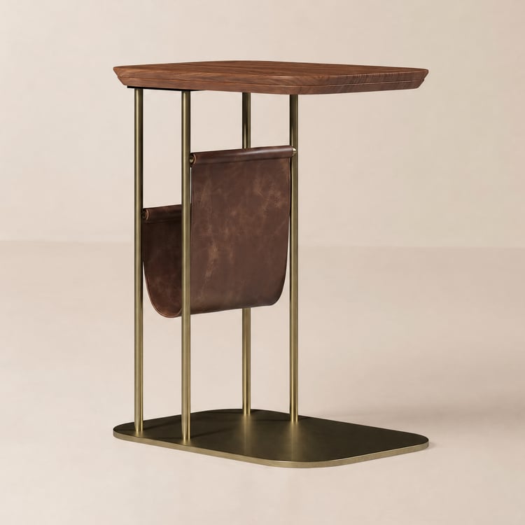 Modern 50 cm C-Shaped Walnut & Gold Rotating End Table with Magazine Rack