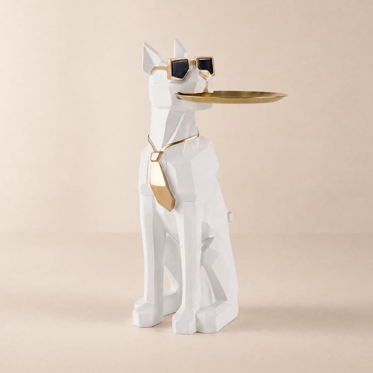 Mesa de apoio moderna de resina branca em forma de cão com tampo de bandeja e caixa de lenços de papel
