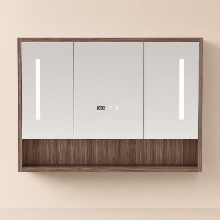 Armario botiquín LED de 100cm en nogal con iluminación ajustable, antivaho y reloj digital
