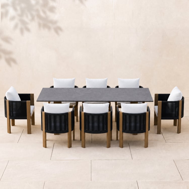 9-Pieces Faux Marble Outdoor Dining Set with Woven Rope Chairs for 8 Person (86.6")