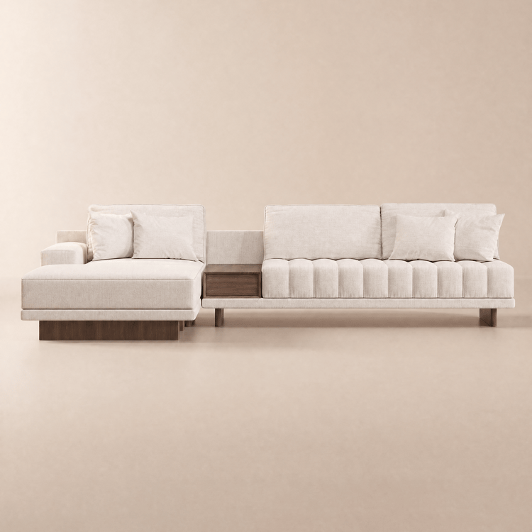 320 cm Sofá modular Vewal de algodón y lino en forma de L con diván y otomana