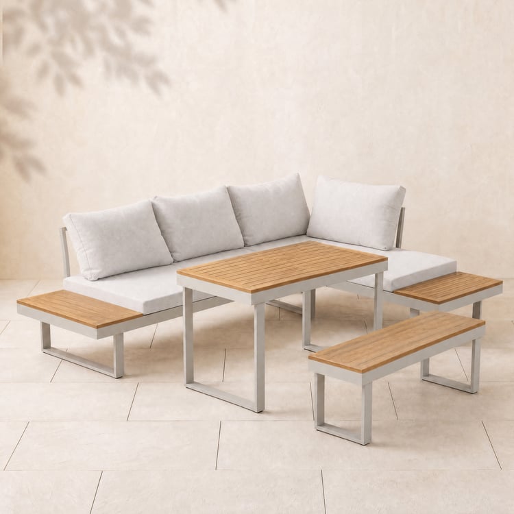 Slatera 4-Piece Outdoor Acacia & Aluminium Modular Sofa Set in Light Grey