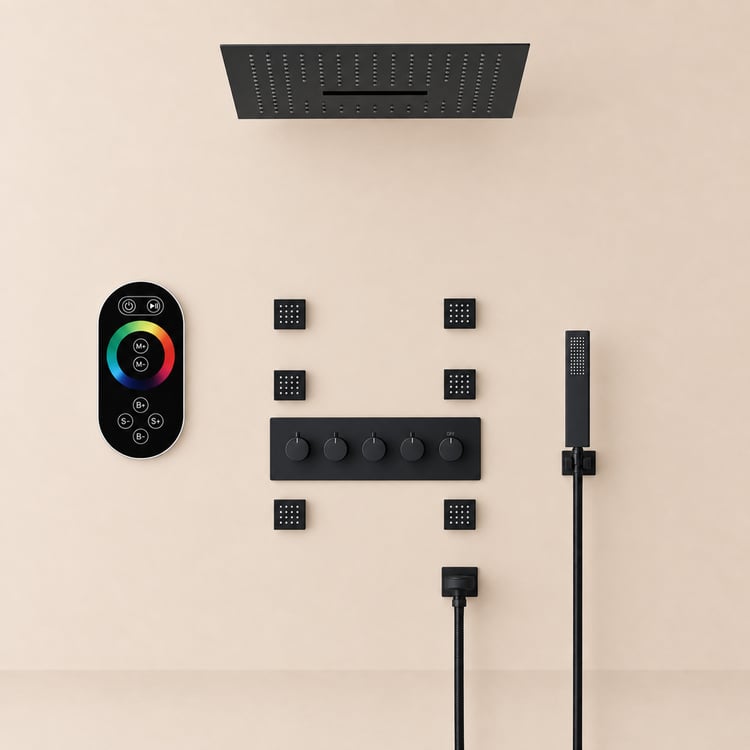 Wall-Mounted Shower Set in Black 4 Function Thermostatic Shower Mixer