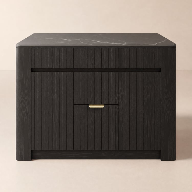 Mid-Century-Modern Kitchen Island with Glossy Stone Top and Storage in Black, 1290 mm