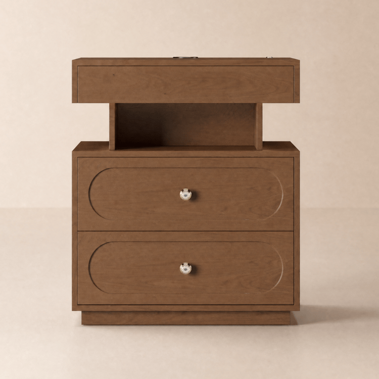 Table de chevet LED Krila avec station de charge et étagère, finition noyer