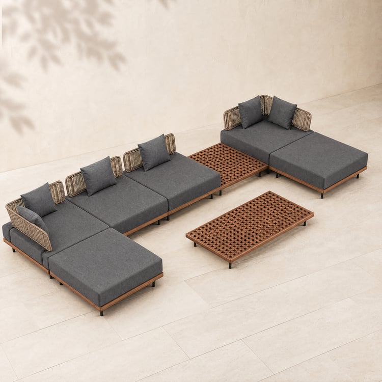 Ensemble de canapé d'angle gris résistant aux intempéries pour 6 personnes, en aluminium et teck