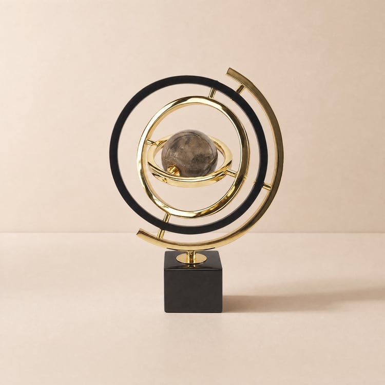 Modern Abstract Metal Black & Gold Globe Ornament Sculpture Decor with Rectangle Stand