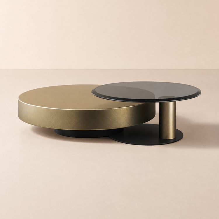 Moderno 89 cm Redondo Dourado e Preto Conjunto de mesa de centro de 2 peças com tampo de vidro temperado