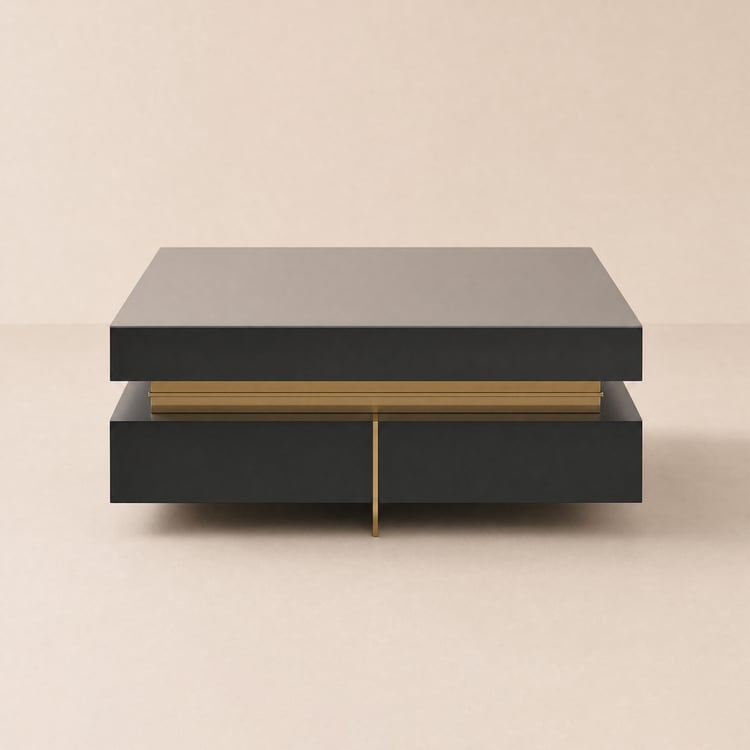 Black Modern Square Coffee Table with Drawers Tempered Glass Top & Metal Legs