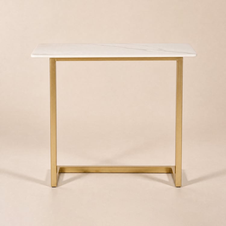 Modern 660 mm White C-Shaped Sintered Stone End table with Gold Finish