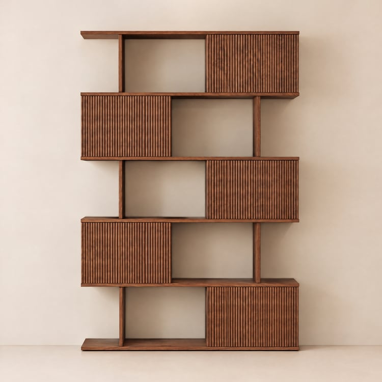 1850mm Walnut Sliding Door Etagere Bookshelf 5-Shelf Tall Book Shelf Rich Storage