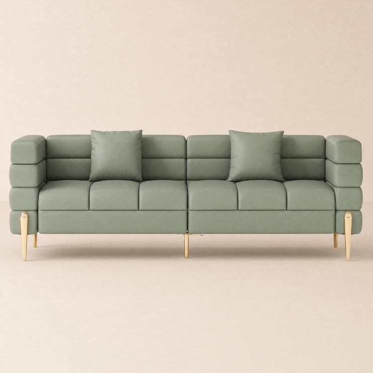 Axial 200 cm Faux Leather Fluted Sofa with Gold Legs & Pillows