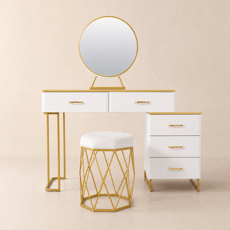 Extendable Modern Make-up Vanity with 5 Drawers, Stool & LED Mirror