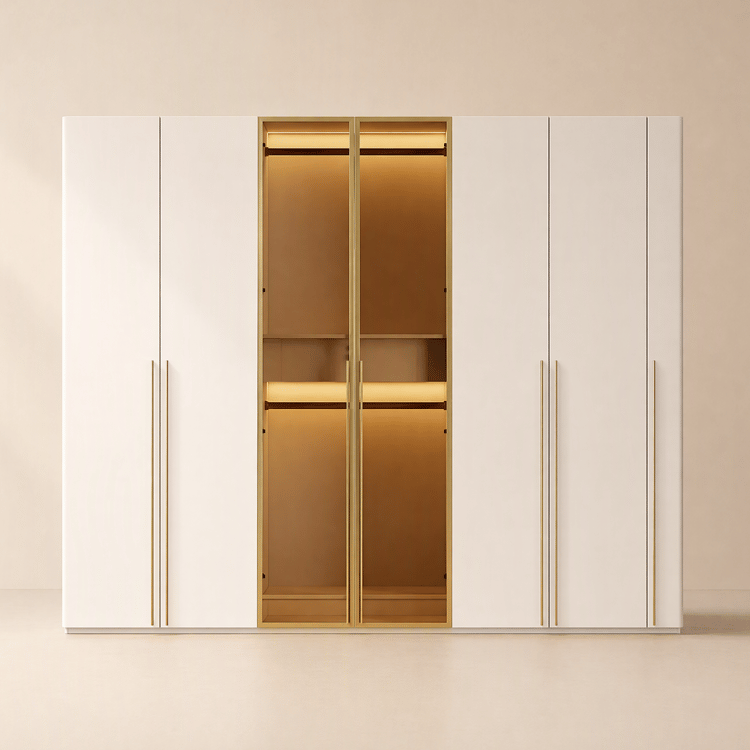 White & Gold Modern Extra Wide Wardrobe with Clear Glass Door Storage with Sensor Light