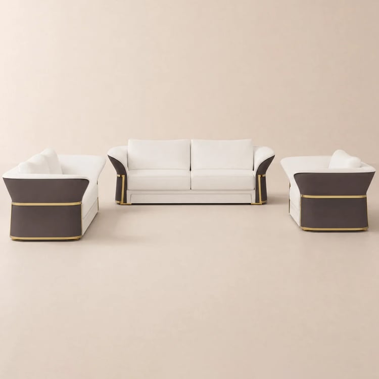 Modern Faux Leather Living Room Sofa Set in Brown & White Set of 3