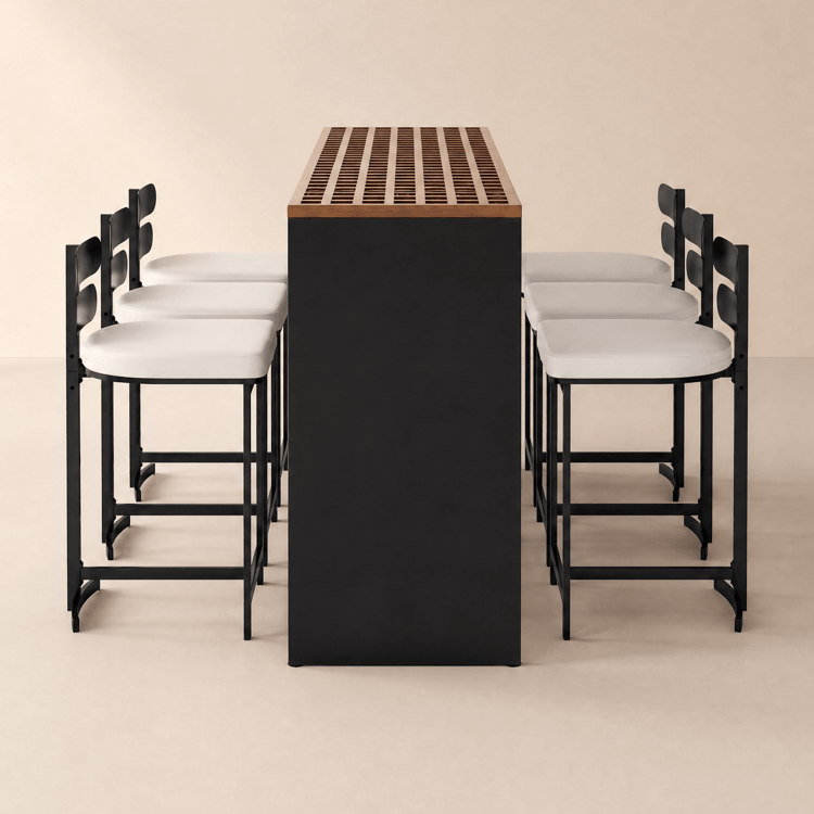 Ensemble de salle à manger de bar Grida 7 pièces en teck et aluminium avec 6 tabourets de bar