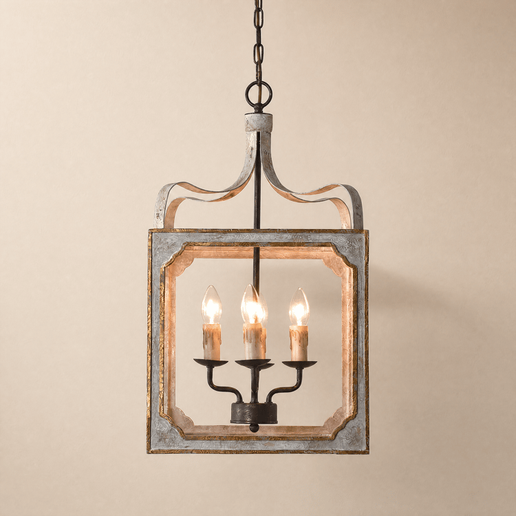 French 4-Light Lantern Chandelier Square Candelabra Pendant Light in Antique Gray 