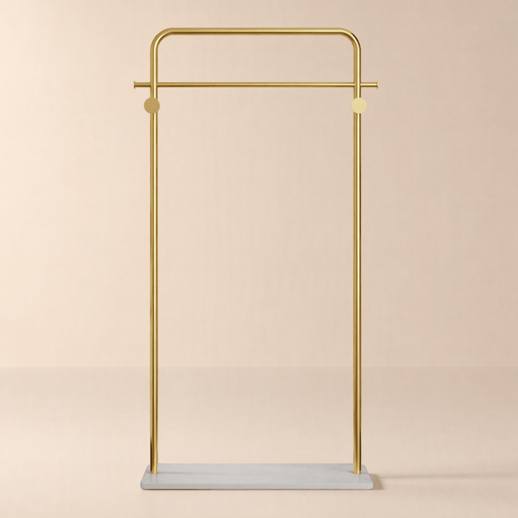 Metal Clothing Rack Freestanding Cloth Rail Rack with Hooks & Marble Base in Gold