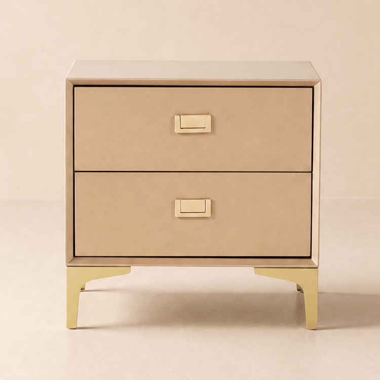 Table de chevet moderne couleur champagne doré à 2 tiroirs