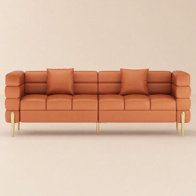 Axial 79" Faux Leather Fluted Sofa with Gold Legs & Pillows