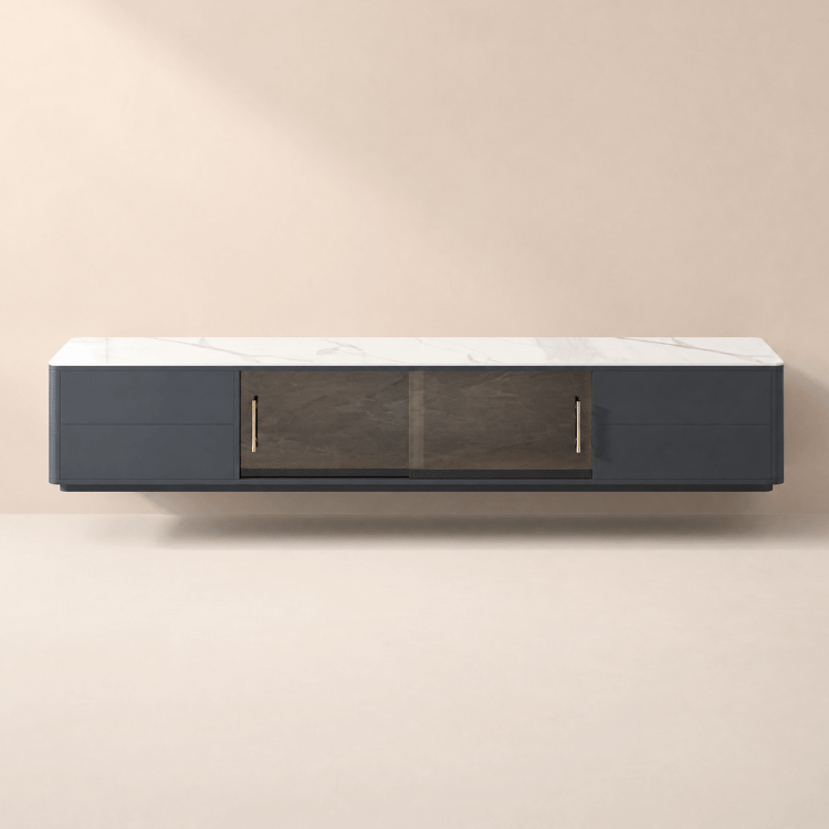 Modern 2200 mm TV Cabinet in Dark Grey Sintered Stone with 4 Drawers
