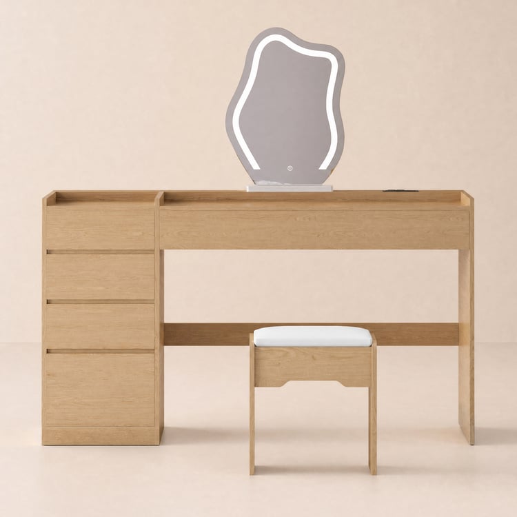 Glass Top Dressing Table Set with 6 Drawers, LED Mirror, Charging Station and Jewellery Display in Natural