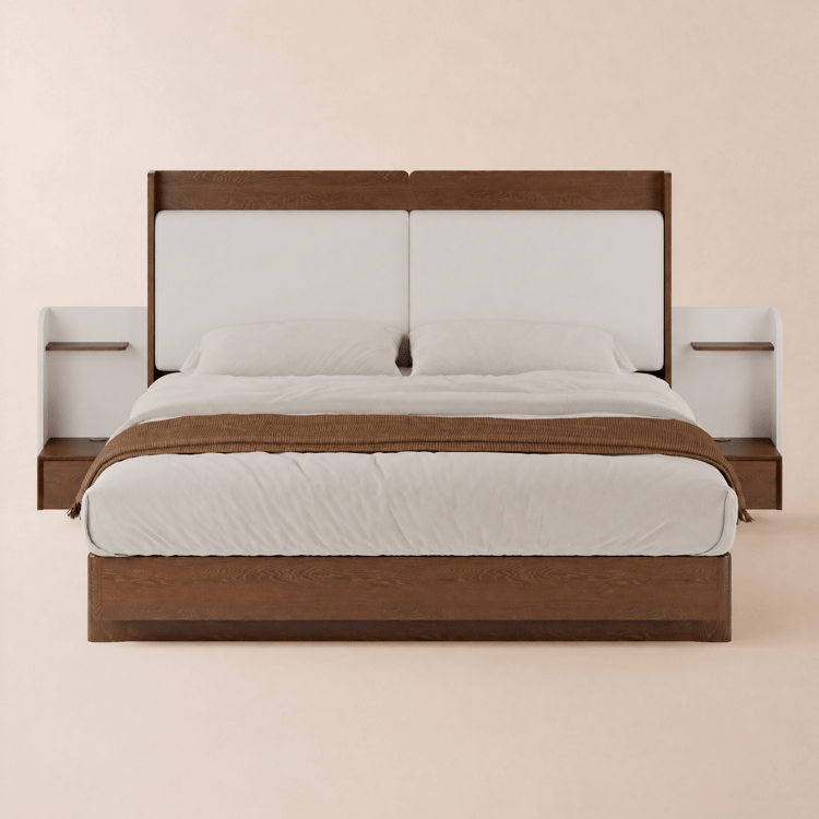 King Solid Wood Bed with Leather Extended Headboard & Floating Smart Nightstand Set