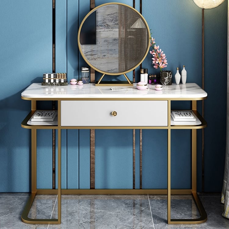 small gold dressing table Faux Marble Tabletop Dressing Makeup Table with Mirror & Drawer Chair Included Metal Base in Gold Small main image 0