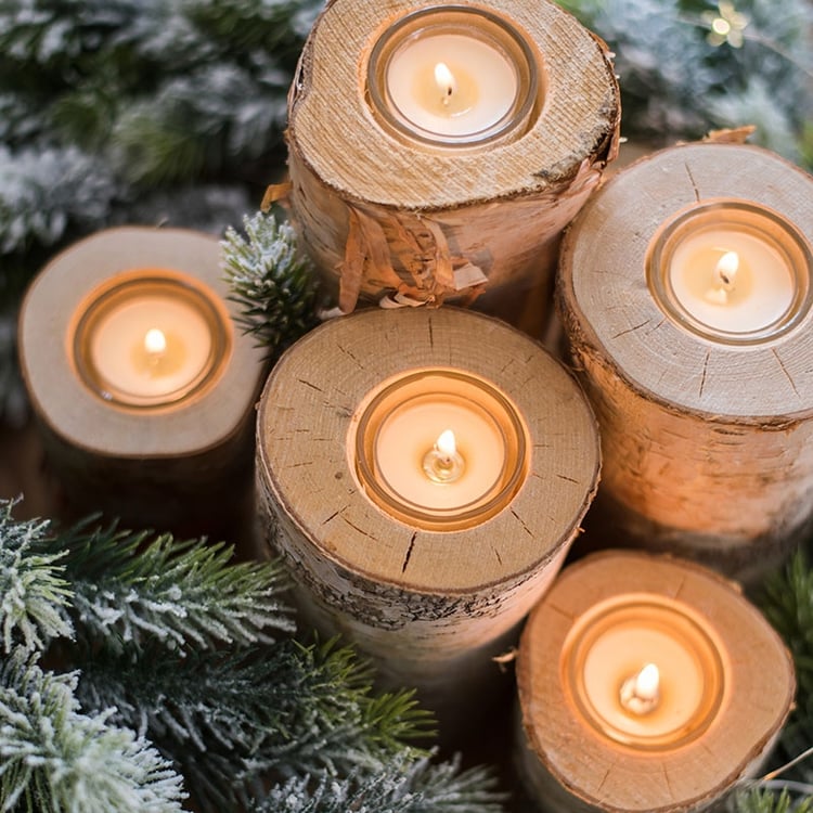 Rustic Style Tree Trunk Tealight Candle Holder Cylindrical Birch