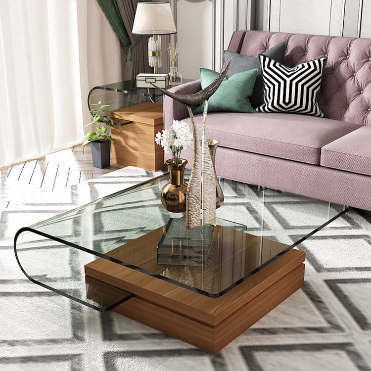 Mid-Century Modern Glass Wood Coffee Table Square Chic Walnut