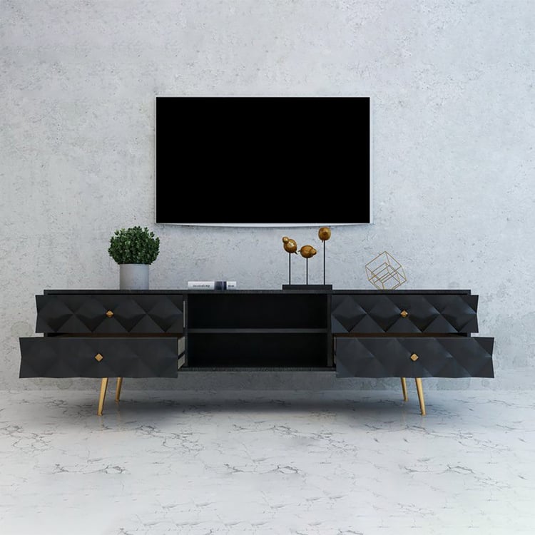 79" Black and Gold MidCentury Wood TV Stand with Storage 4 Drawers
