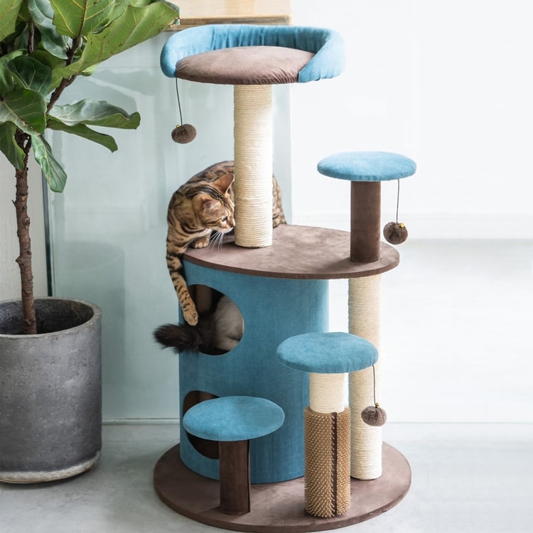 Blue Velvet Cat Tree Condo Cat Tower and Perch Scratching