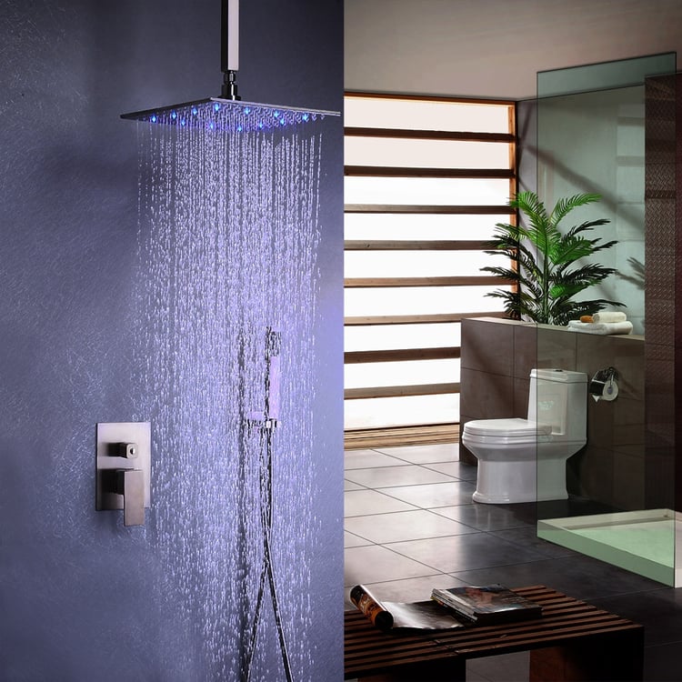 Dree Modern Brushed Nickel Bathroom Ceiling Mount 16 Inches Rain Shower ...