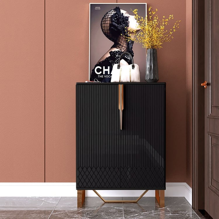 Kommode Vitrine in Schwarz mit 2 Türen & Regal Akzent Schrank mit Edelstahl in Gold｜Homary DE
