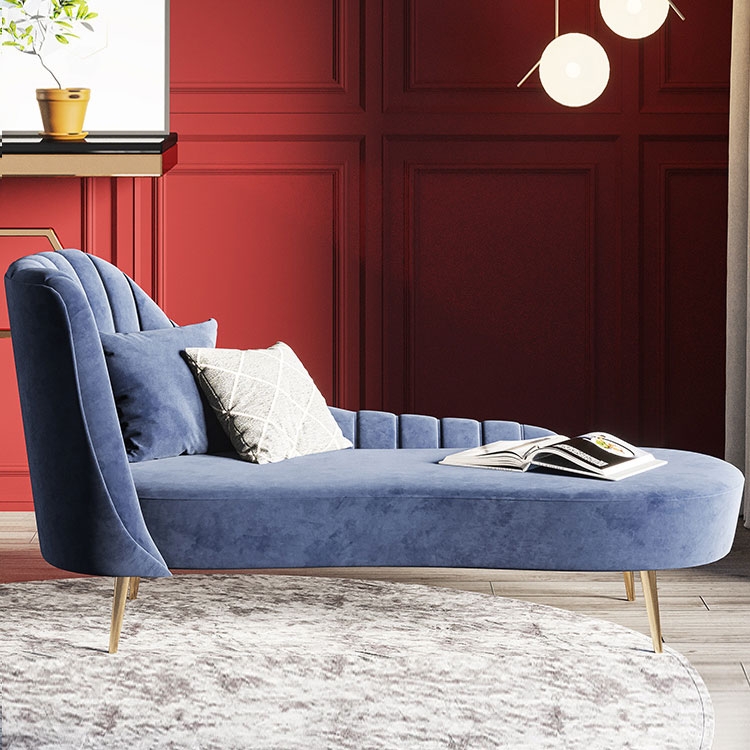 Modern Mid-Century Blue Velvet Upholstered Chaise Lounge with Golden ...