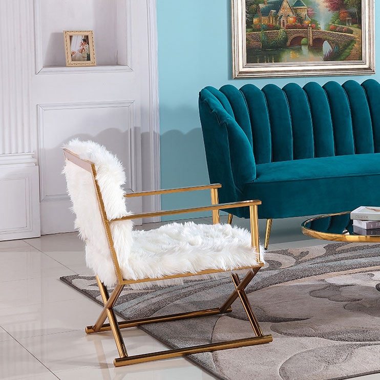 Modern Stylish White Faux Fur Upholstered Armchair Gold Accent