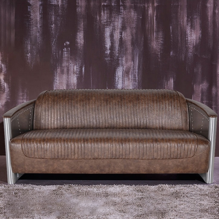 Zado Vintage Brown PU Leather Sofa Aviator 3-Seater Industrial