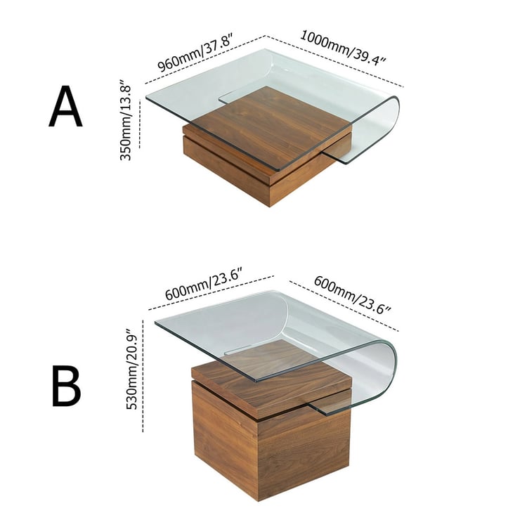Mid-Century Modern Glass Wood Coffee Table Square Chic Walnut